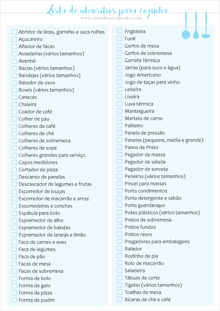 Lista de utensílios básicos para cozinha ou Lista de chá de panela