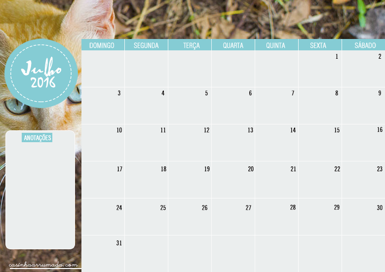 Calendário Planner Julho 2016 para download 1