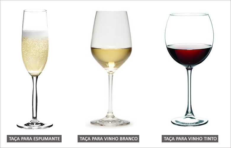 Tipos de taças para espumante, vinho branco e vinho tinto