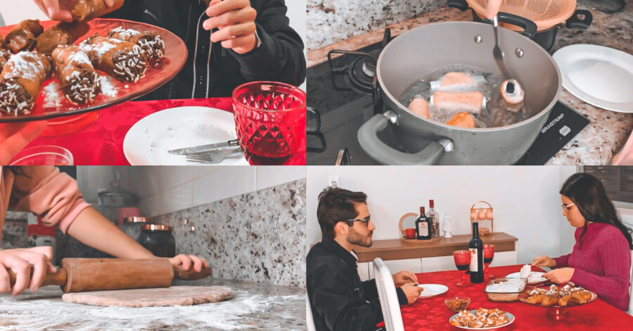 Jantar italiano: bruschetta, macarrão ao molho 2 queijos e cannoli recheado